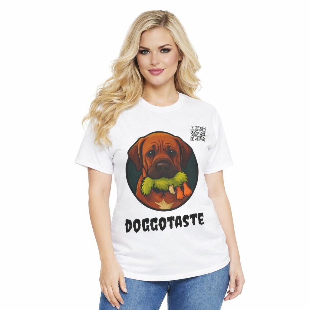 Modelka w białej koszulce DoggoTaste z portretem Zosi